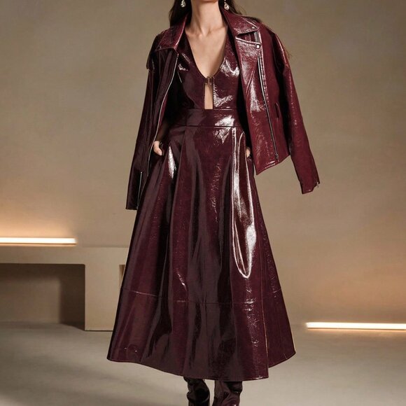 Burgundy Party Women's Long V-Neck Dress Maxi Outfit - Picture 6 of 8